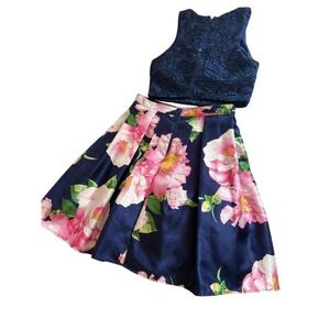 MY MICHELLE Navy Lace Sequin Crop Top Floral A Line Pleated Midi Skirt Set